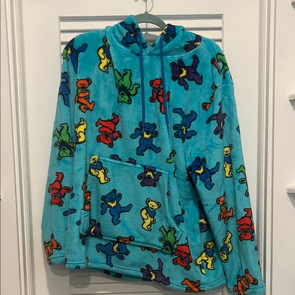 Grateful Dead Teal Plush Hoodie with Multicolor Dancing Bears